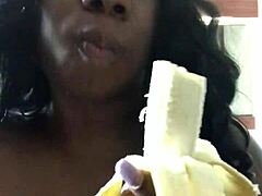 Banana-themed sex act with mature wife