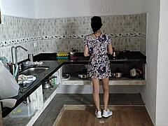 Kitchen affair with mature waitress